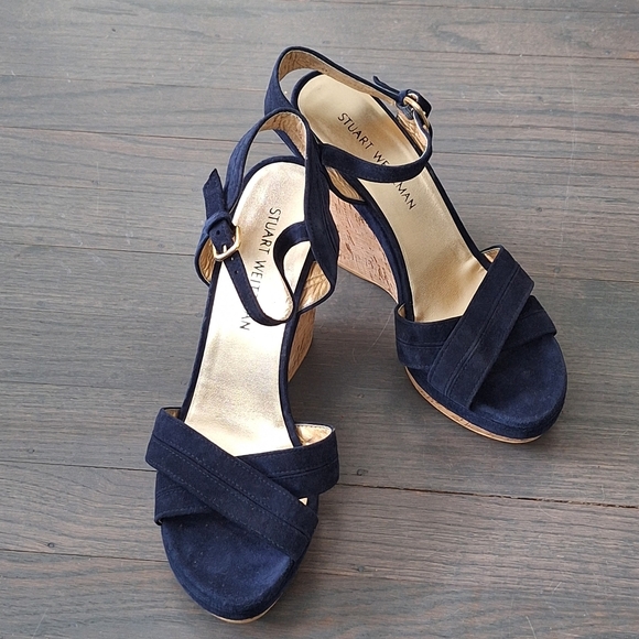 Stuart Weitzman Minky Platform Wedge Sandal Blue 9.5 EUC - Picture 2 of 16